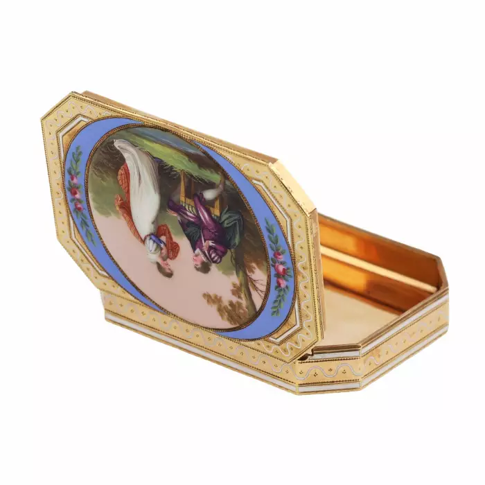 SWISS ENAMEL TOBACCO BOX IN 14K GOLD WITH MINIATURE, GENEVA, 19TH CENTURY