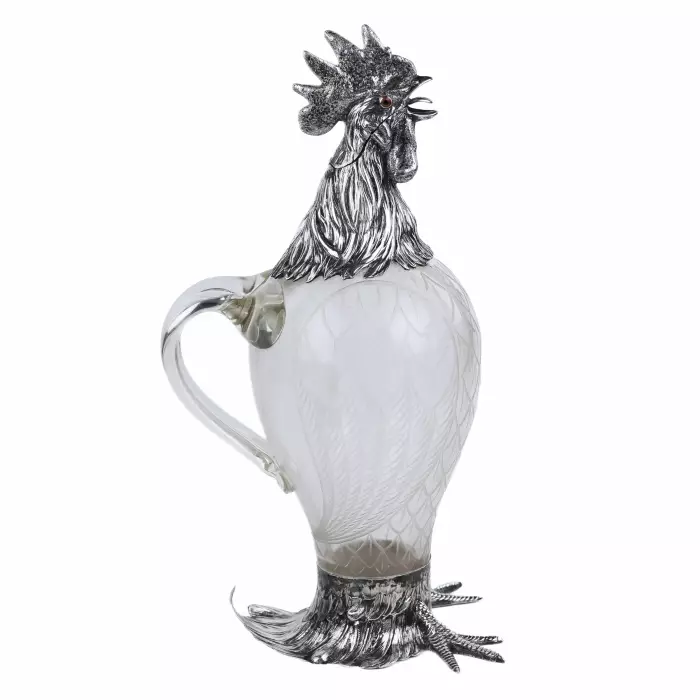 GLASS AND SILVER ROOSTER-FORM JUG. HANAU, J.D. SCHLEISSNER SÖHNE. LATE 19TH CENTURY