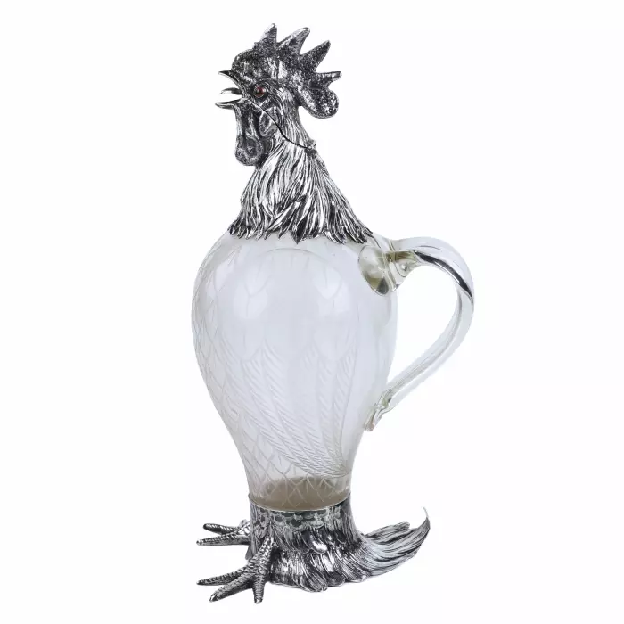GLASS AND SILVER ROOSTER-FORM JUG. HANAU, J.D. SCHLEISSNER SÖHNE. LATE 19TH CENTURY