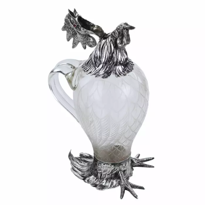 GLASS AND SILVER ROOSTER-FORM JUG. HANAU, J.D. SCHLEISSNER SÖHNE. LATE 19TH CENTURY