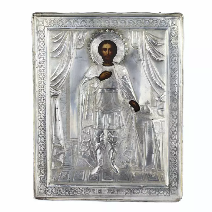 Icône du Saint-Bienheureux Prince Alexandre Nevski dans un cadre en argent. Le tournant des XIXe-XXe siècles. 