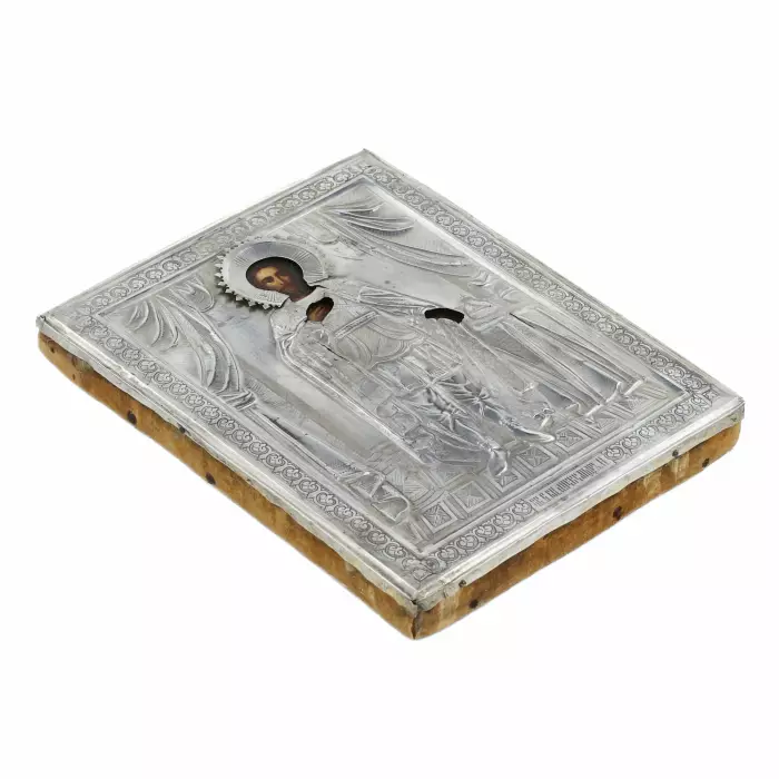 Icône du Saint-Bienheureux Prince Alexandre Nevski dans un cadre en argent. Le tournant des XIXe-XXe siècles. 