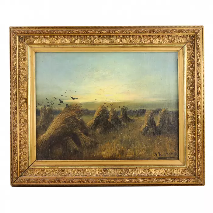 PAYSAGE AVEC MEULES DE FOIN AU COUCHER DU SOLEIL. J. KLEVER. RUSSIE, FIN DU XIXe SIÈCLE