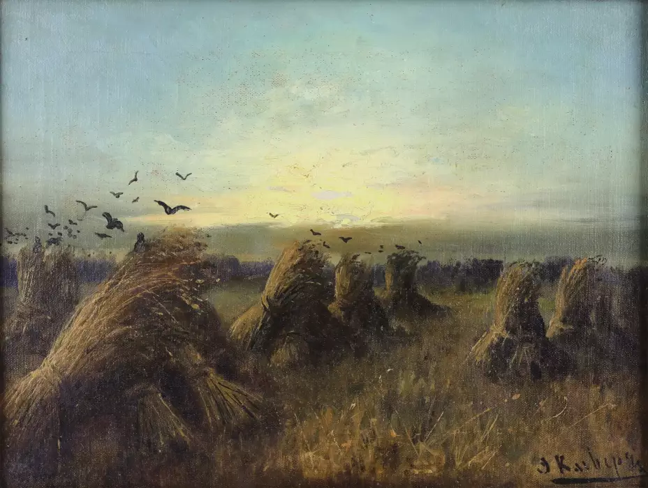 PAYSAGE AVEC MEULES DE FOIN AU COUCHER DU SOLEIL. J. KLEVER. RUSSIE, FIN DU XIXe SIÈCLE