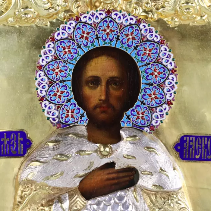 ICÔNE DE SAINT ALEXANDRE NEVSKI EN OKLAD D’ARGENT AVEC ÉMaux. RUSSIE, 1895