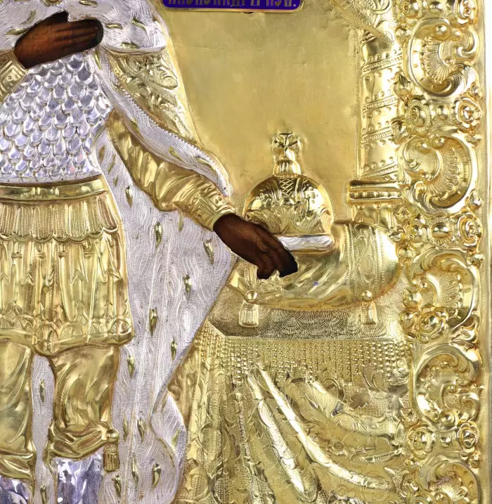 ICÔNE DE SAINT ALEXANDRE NEVSKI EN OKLAD D’ARGENT AVEC ÉMaux. RUSSIE, 1895