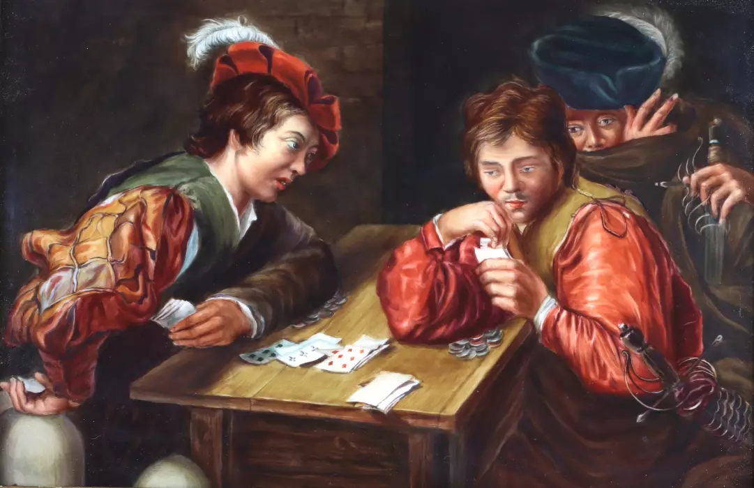 PORCELAIN PLAQUE WITH A GENRE SCENE “CARD SHARPS” KPM, BERLIN, TURN OF THE 19TH–20TH CENTURIES