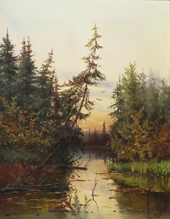 LANDSCAPE WITH A POND IN EVENING LIGHT. A. KONSTANTINOVA RUSSIA, SECOND HALF OF THE 19TH CENTURY