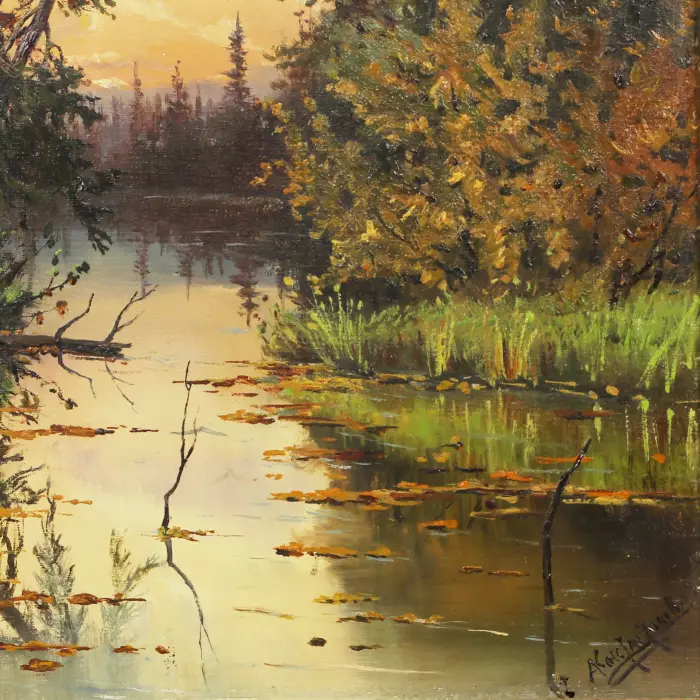 LANDSCAPE WITH A POND IN EVENING LIGHT. A. KONSTANTINOVA RUSSIA, SECOND HALF OF THE 19TH CENTURY