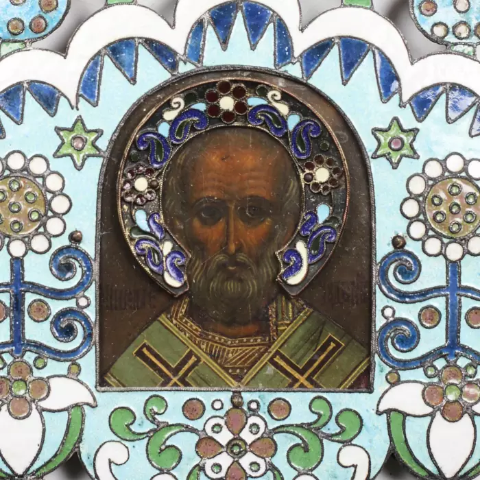 ICON OF SAINT NICHOLAS THE WONDERWORKER IN CLOISONNÉ ENAMEL OKLAD, ART NOUVEAU STYLE. EARLY 20TH CENTURY