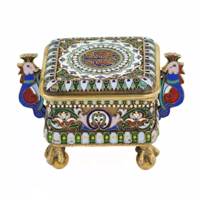 RUSSIAN SILVER BOX WITH CLOISONNÉ ENAMEL IN THE FORM OF ROOSTERS PAVEL OVCHINNIKOV FIRM, MOSCOW, 1882