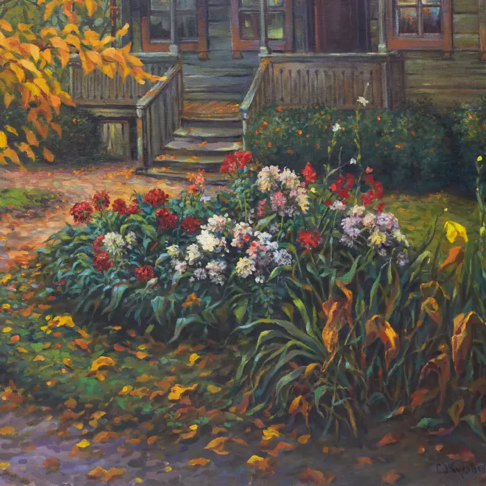 DACHA AVEC JARDIN EN FLEURS STANISLAV ZHOUKOVSKI. 1921