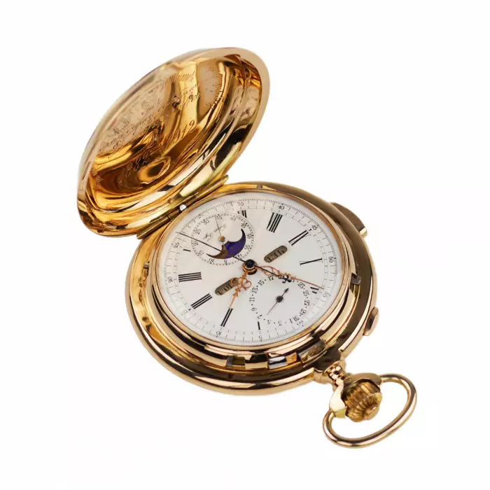 PAUL BUHRÉ  LE PHARE. GOLD POCKET WATCH WITH MINUTE REPEATER, CHRONOGRAPH, MOON PHASES AND CYRILLIC CALENDAR. CIRCA 1903