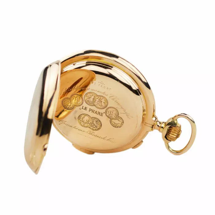 PAUL BUHRÉ  LE PHARE. GOLD POCKET WATCH WITH MINUTE REPEATER, CHRONOGRAPH, MOON PHASES AND CYRILLIC CALENDAR. CIRCA 1903