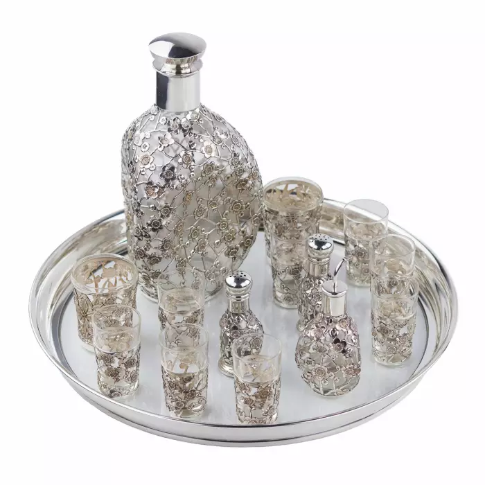 LIQUEUR SET WITH PIERCED STERLING SILVER OVERLAY  JAPAN, MID–20TH CENTURY