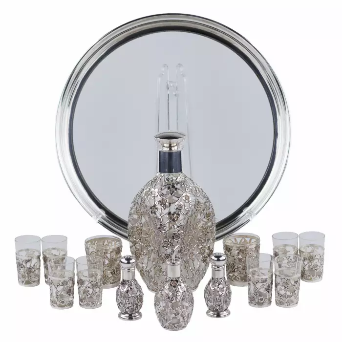 LIQUEUR SET WITH PIERCED STERLING SILVER OVERLAY  JAPAN, MID–20TH CENTURY