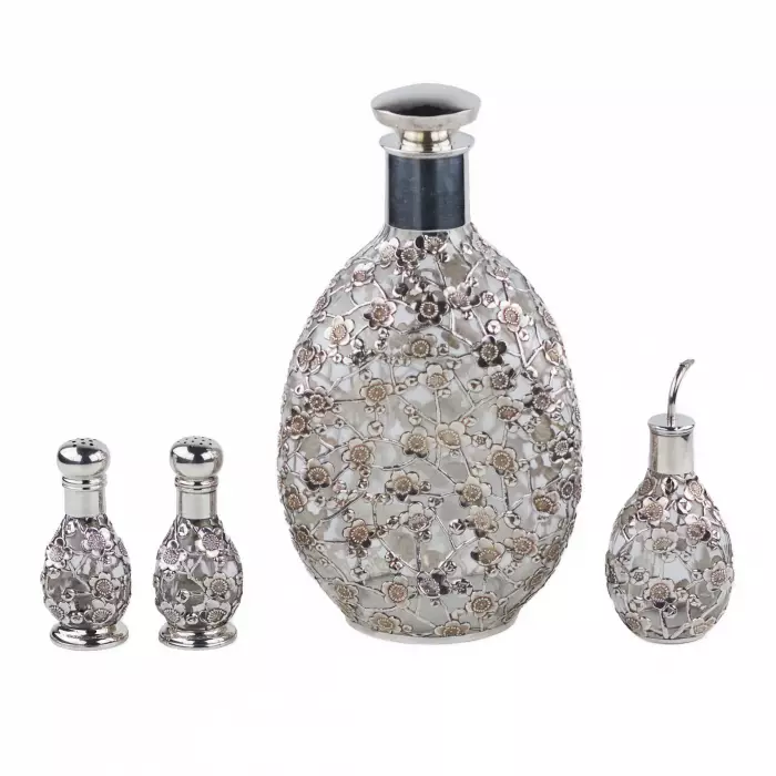 LIQUEUR SET WITH PIERCED STERLING SILVER OVERLAY  JAPAN, MID–20TH CENTURY