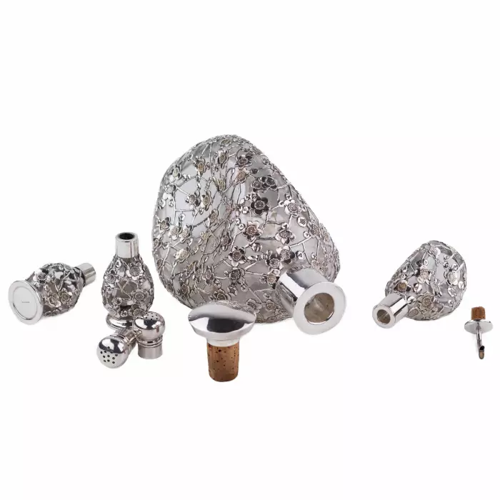LIQUEUR SET WITH PIERCED STERLING SILVER OVERLAY  JAPAN, MID–20TH CENTURY