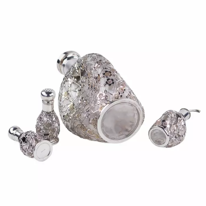 LIQUEUR SET WITH PIERCED STERLING SILVER OVERLAY  JAPAN, MID–20TH CENTURY