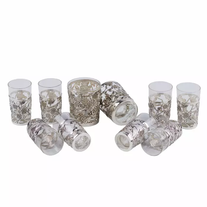 LIQUEUR SET WITH PIERCED STERLING SILVER OVERLAY  JAPAN, MID–20TH CENTURY