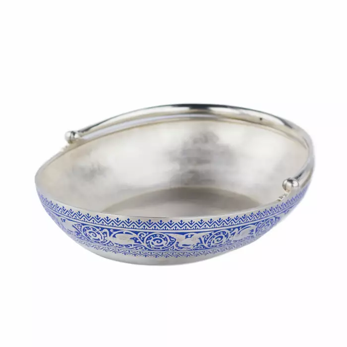 SILVER FRUIT BASKET WITH CHAMPLEVÉ ENAMEL  PAVEL OVCHINNIKOV FIRM, MOSCOW, 1892