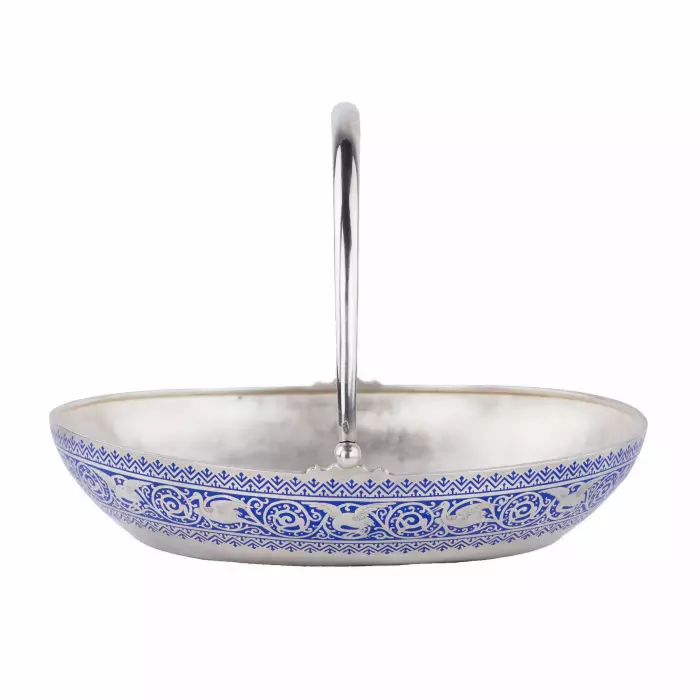 SILVER FRUIT BASKET WITH CHAMPLEVÉ ENAMEL  PAVEL OVCHINNIKOV FIRM, MOSCOW, 1892