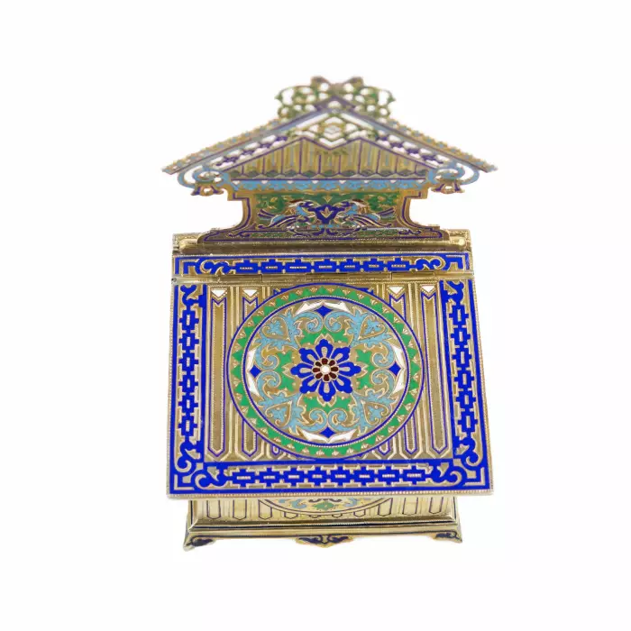 SALIÈRE-TRÔNE EN ARGENT EN FORME DE TEREM AVEC ÉMaux  GUSTAV KLINGERT, MOSCOU, RUSSIE, DERNIER QUART DU XIXᵉ SIÈCLE