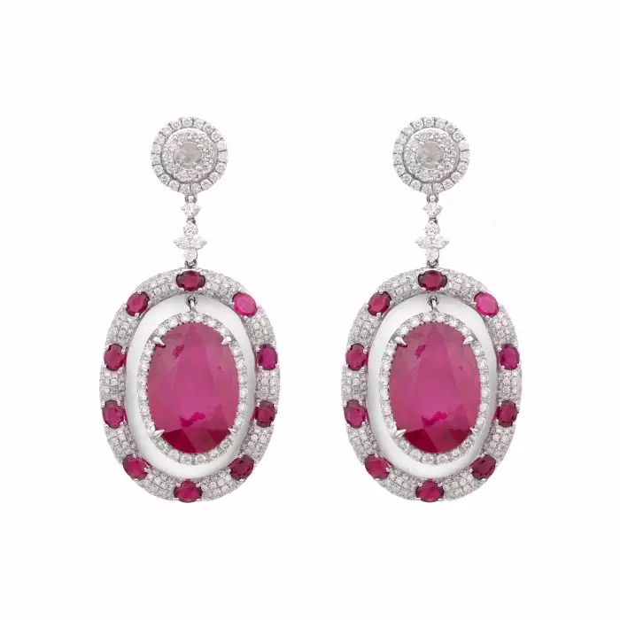 18-KARAT WHITE GOLD PENDENT EARRINGS WITH RUBIES AND DIAMONDS