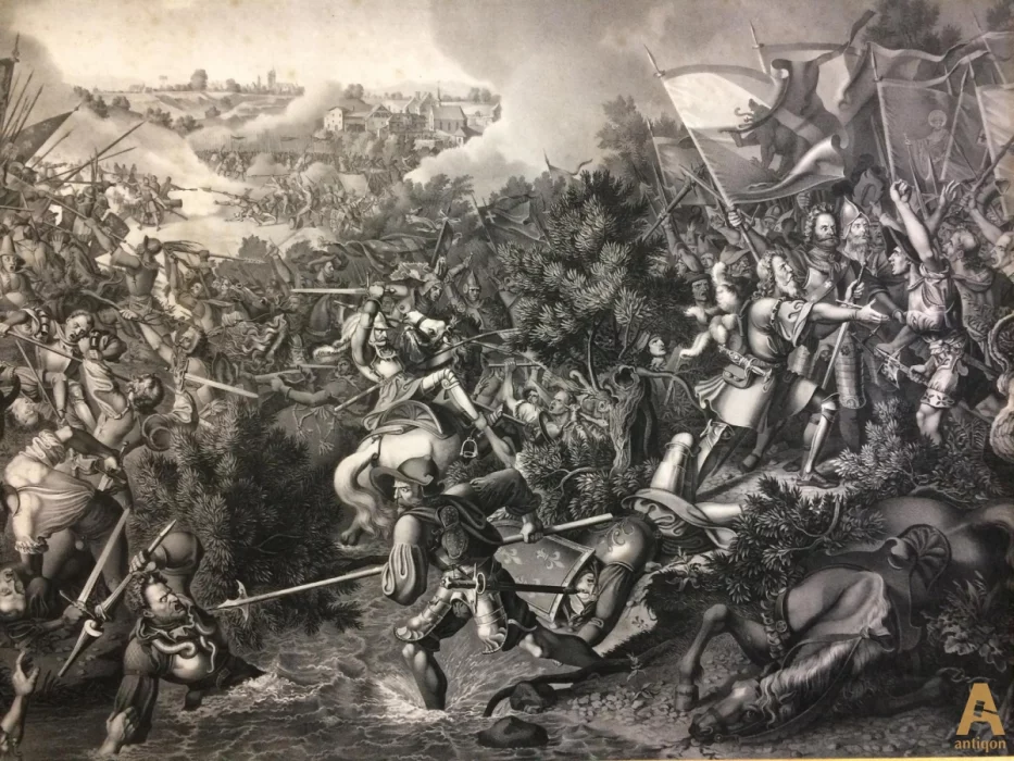 Grande gravure du 19ème siècle - une scène de bataille. 