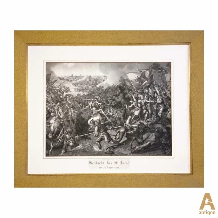 Grande gravure du 19ème siècle - une scène de bataille. 