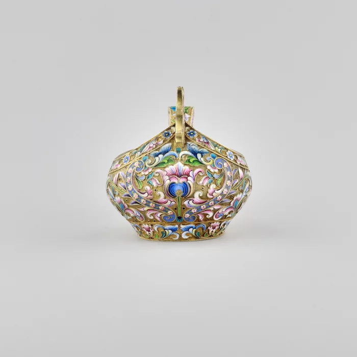 Russian silver Kovch, made using cloisonne enamel technique.