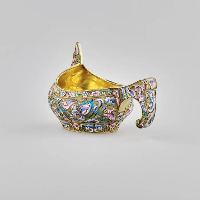 Russian silver Kovch, made using cloisonne enamel technique.