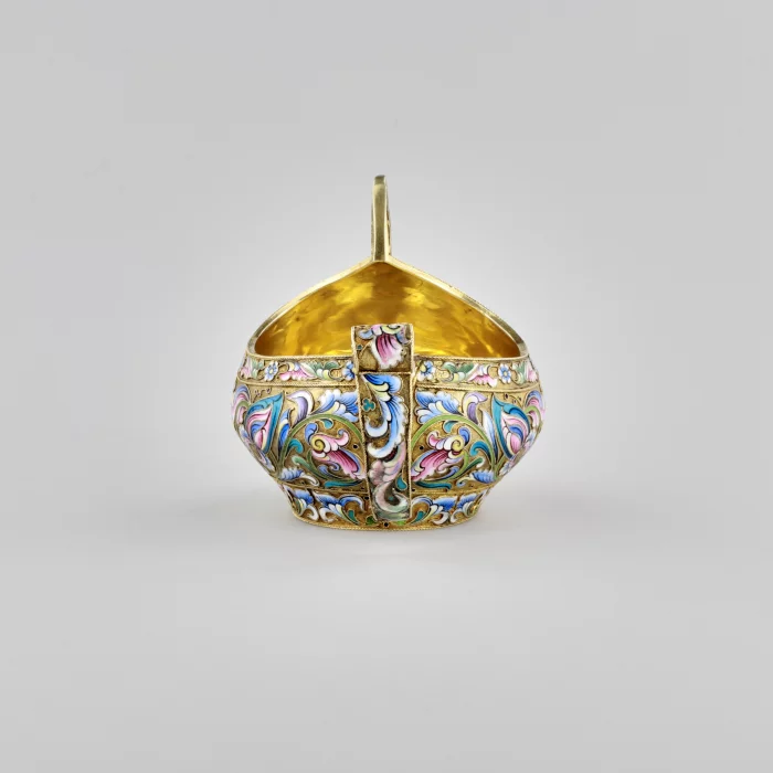 Russian silver Kovch, made using cloisonne enamel technique.