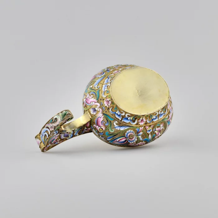 Russian silver Kovch, made using cloisonne enamel technique.