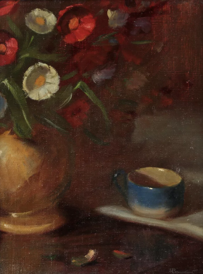 I. Ryazhsky. Nature morte avec une tasse et des fleurs. 