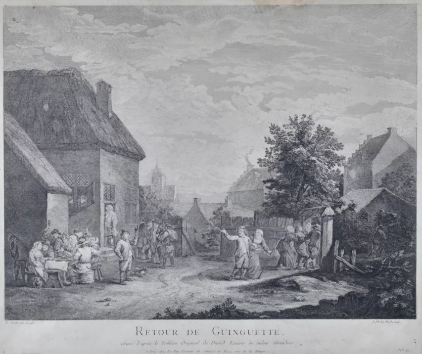 Gravure française du 18e siècle par David Teniers. Retour de la taverne. 