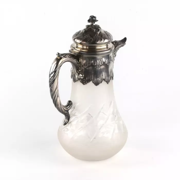 CARAFE À EAU EN ARGENT ET VERRE GRAVÉ. FRANCE. FIN DU XIXe SIÈCLE