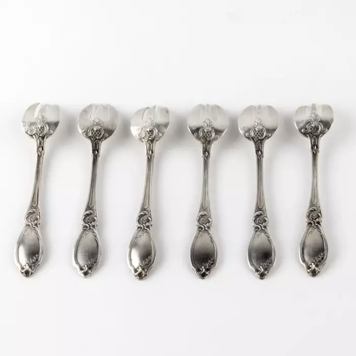 Set of six silver oyster forks. France. 