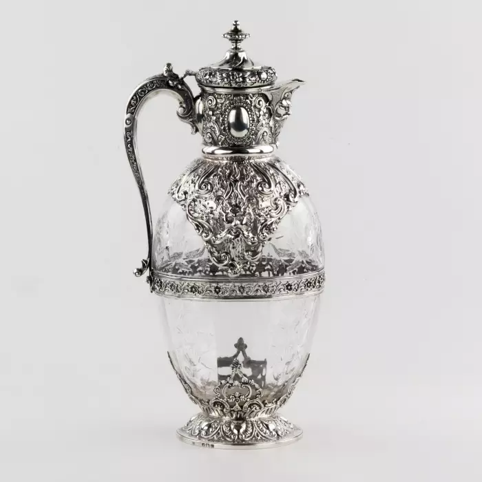 Magnifique carafe à vin en argent avec cristal anglais. Charles Ewdards, Londres 1895. 