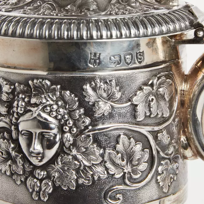SILVER CLARET JUG WITH GLASS LINER. HORACE WOODWARD & HUGH TAYLOR. LONDON, 1893