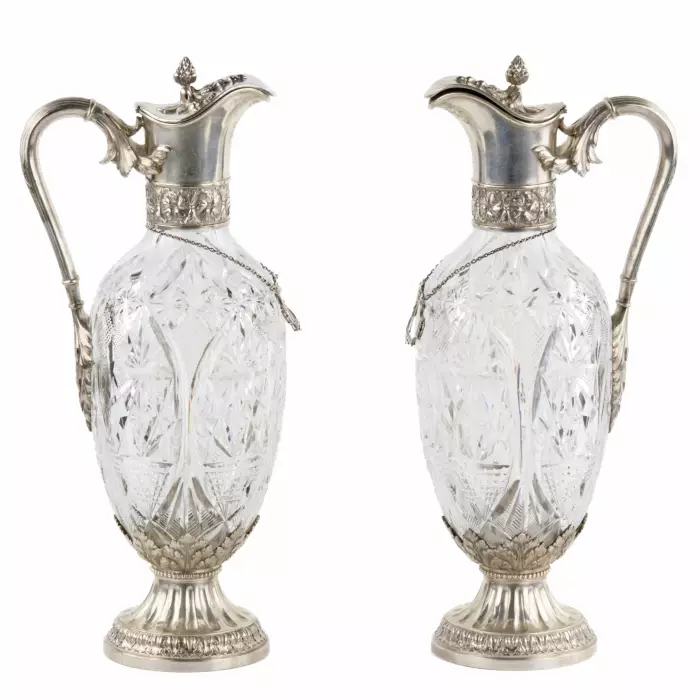 Paire de cruches Faberge de luxe. Cristal en argent. 