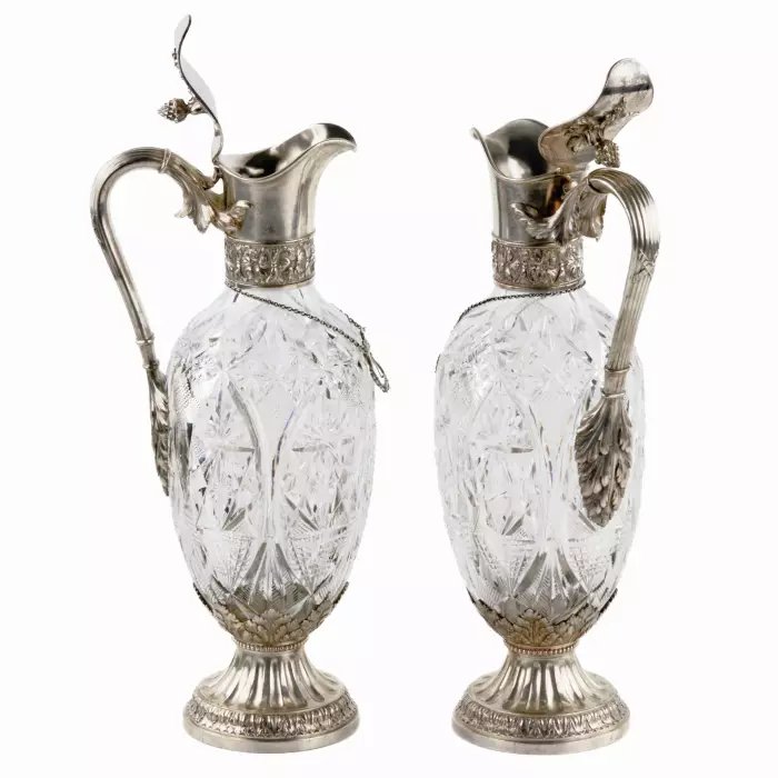 Paire de cruches Faberge de luxe. Cristal en argent. 