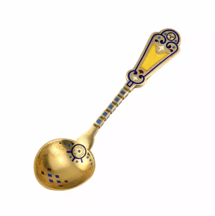 Silver spoon with Antipa Kuzmechev enamels. 
