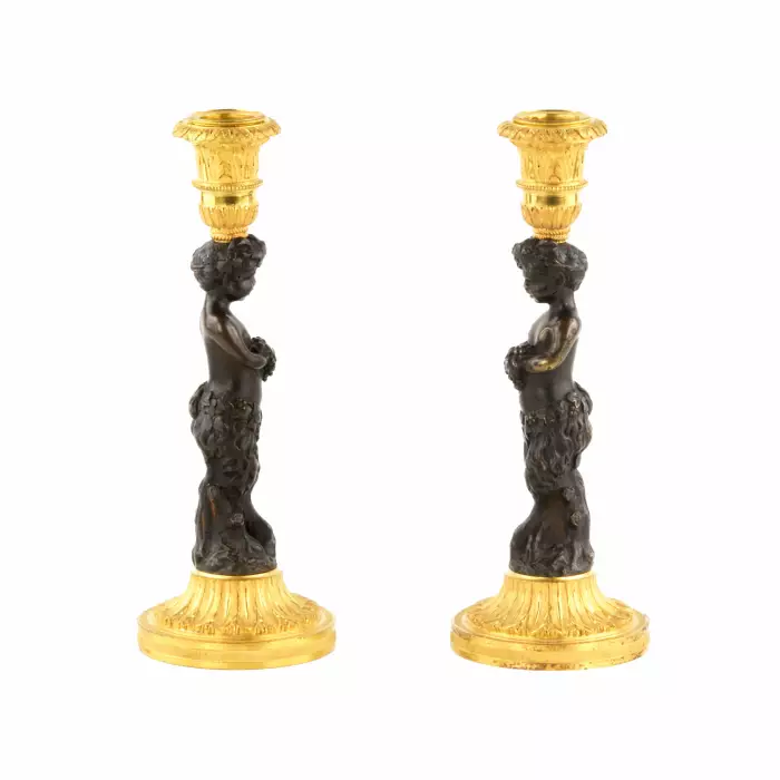 PAIR OF FRENCH BRONZE CANDLESTICKS FAUNS. FRANCE. MID-19TH CENTURY
