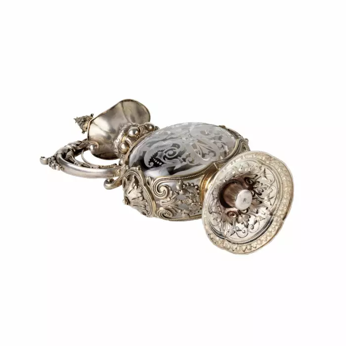 Magnificent silver jug with engraved glass, Neo-Renaissance style