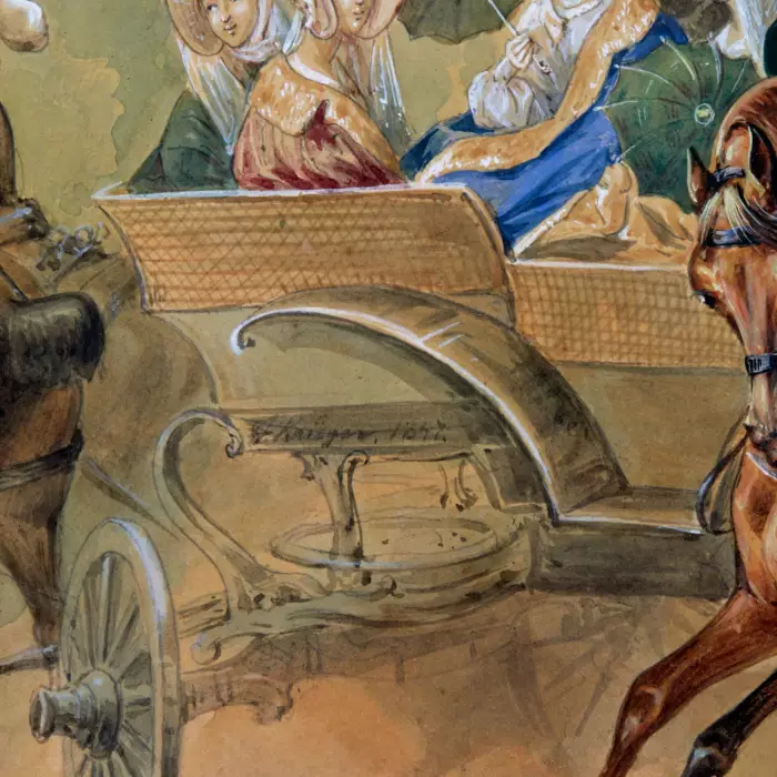 Franz Krueger. Watercolor Emperor Nicholas I with his retinue after the 1847 parade.