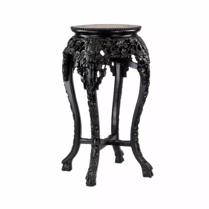 Support de vase chinois sculpte, en ebène et marbre.