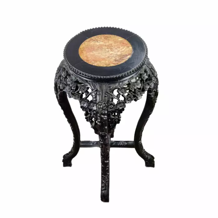 Support de vase chinois sculpte, en ebène et marbre.