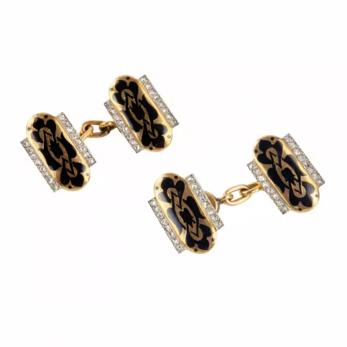 Boutons de manchette Cartier en or avec email et diamants. annees 1920. 