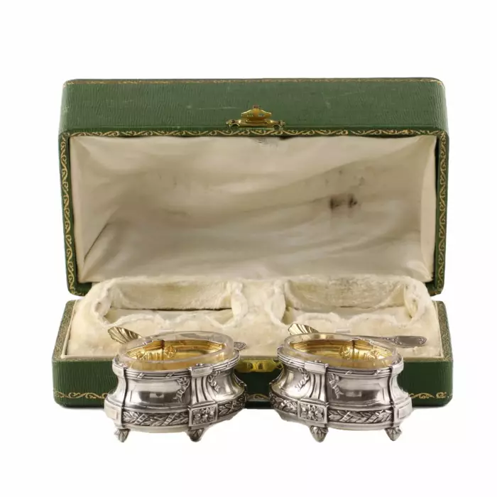 PAIR OF FRENCH SILVER SALTS WITH SPOONS IN THEIR ORIGINAL PRESENTATION CASE